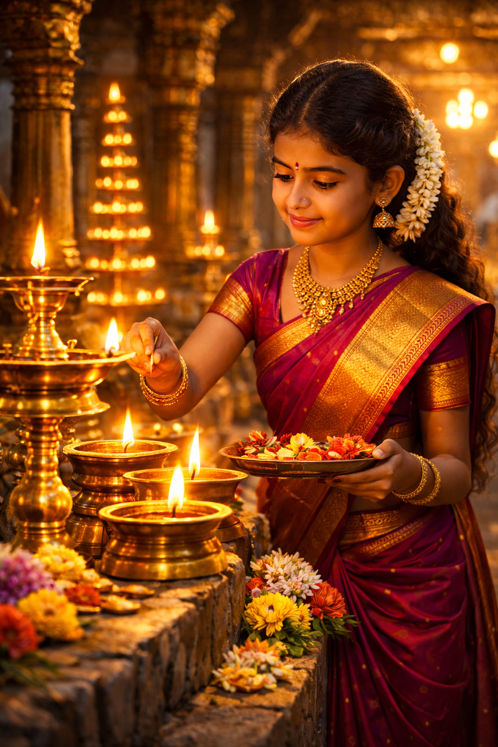 10 year old girl lighting lamp – Tamil Nadu