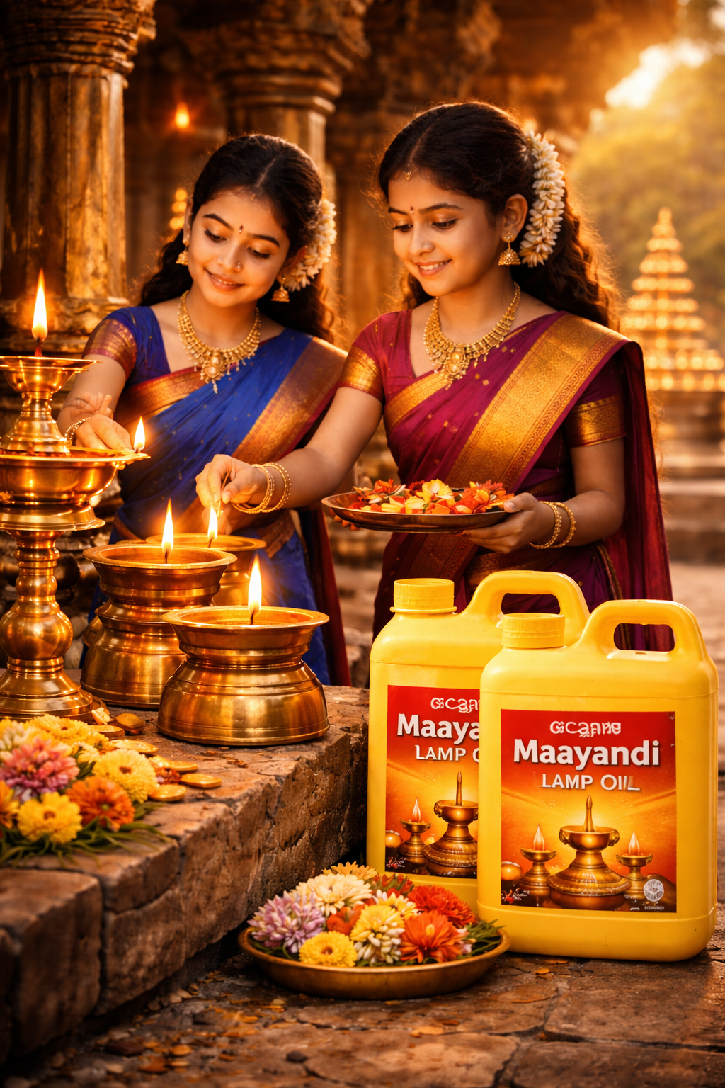 Devotional lamp lighting with Karnataka temple scene