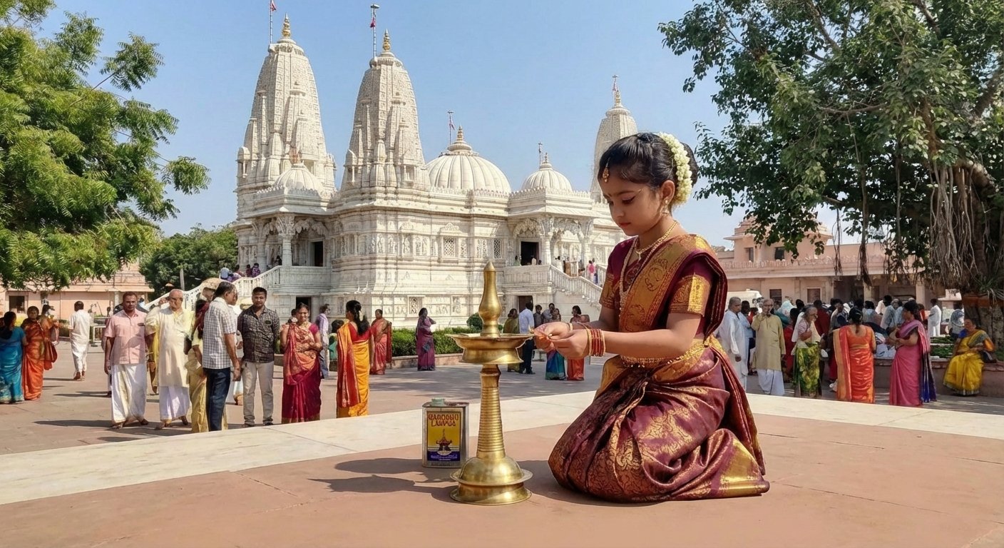 Girl lighting temple lamp in Karnataka