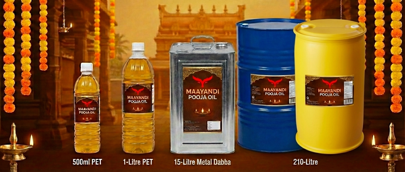 Maayandi Pooja Oil Collection: 500ml PET, 1-Litre PET, 15-Litre Metal Dabba, 210-Litre Blue Barrel, and 210-Litre Yellow Barrel