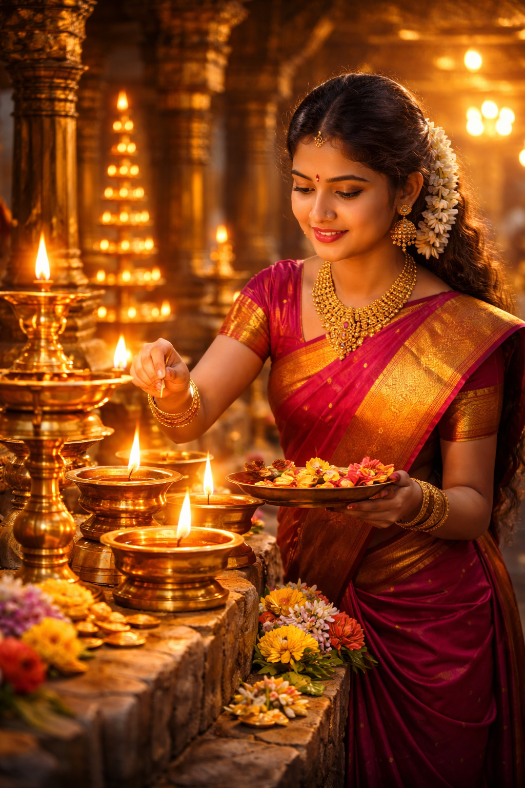 Tamil Nadu temple devotional lamp scene
