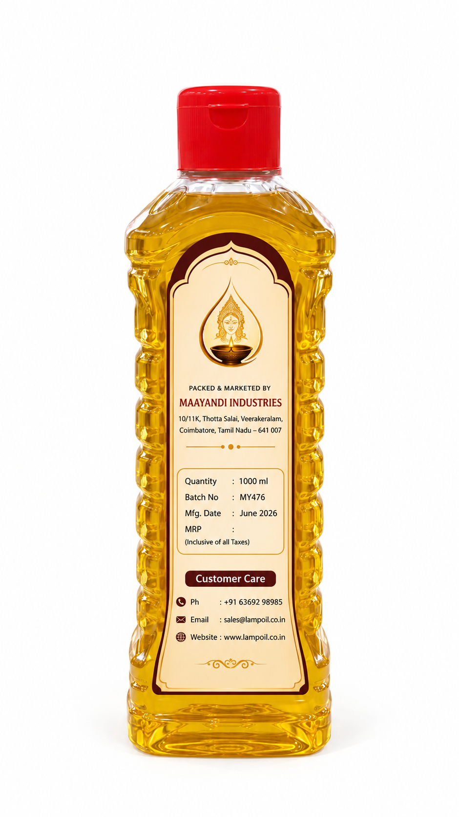 Bhagavathy Deepam Oil 1 Litre back view showing product information usage instructions and safety details