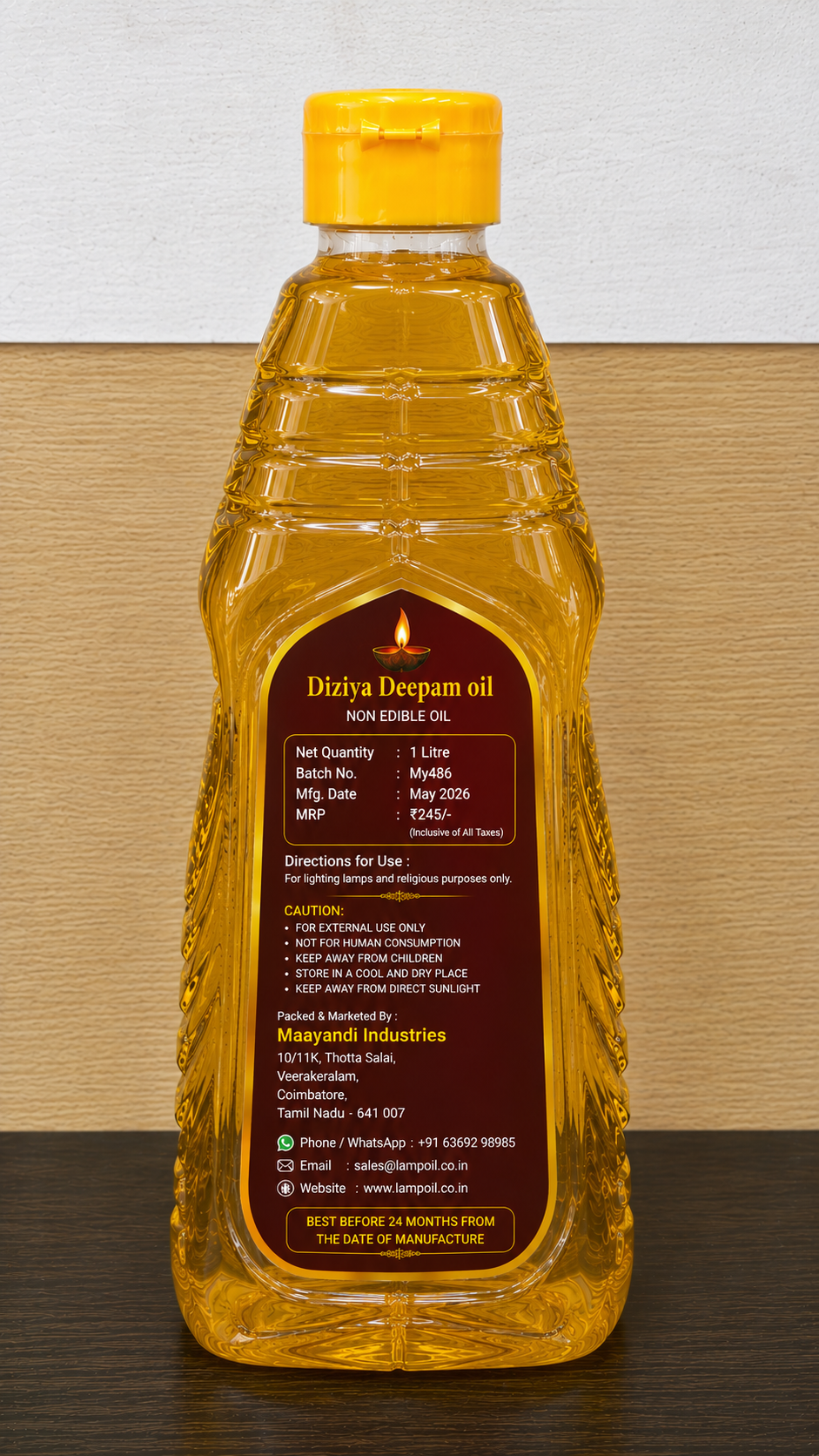 Dizhiya Deepam Oil 1 Litre front view premium lamp oil bottle for pooja temple and religious use