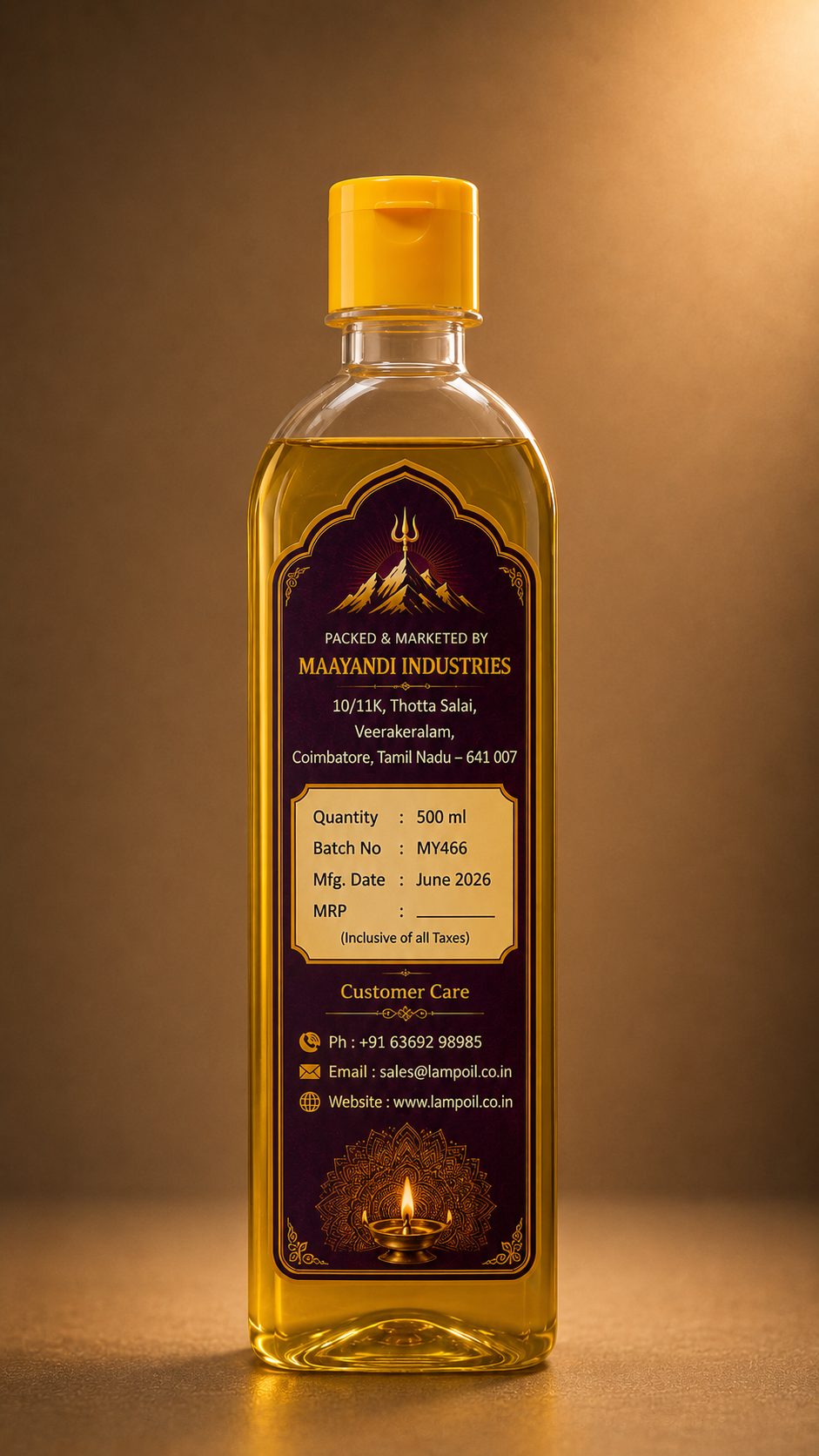 Kubera Deepam Oil 500ml back view showing product information usage instructions and safety details
