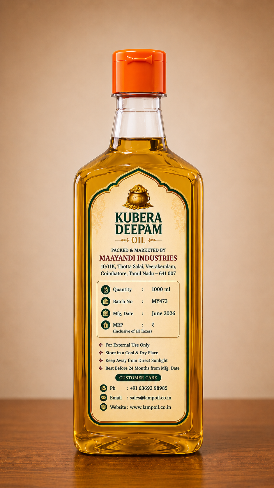 Kubera Deepam Oil 1 Litre back view showing product information usage instructions and safety details