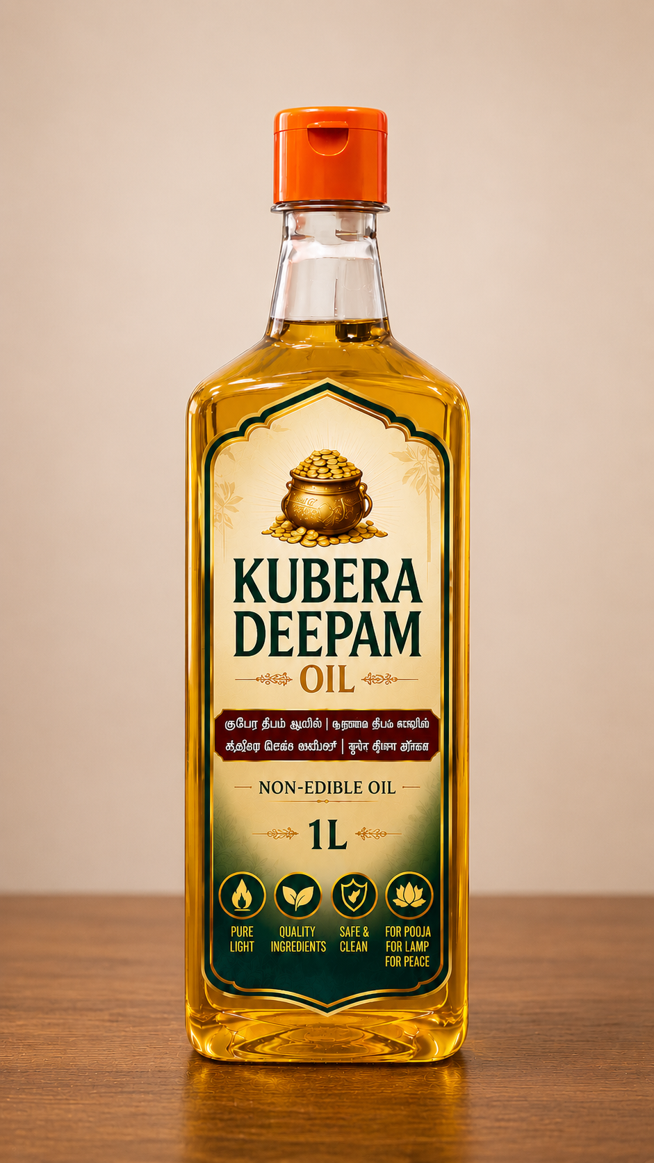 Kubera Deepam Oil 1 Litre front view premium lamp oil bottle for pooja temple and spiritual use