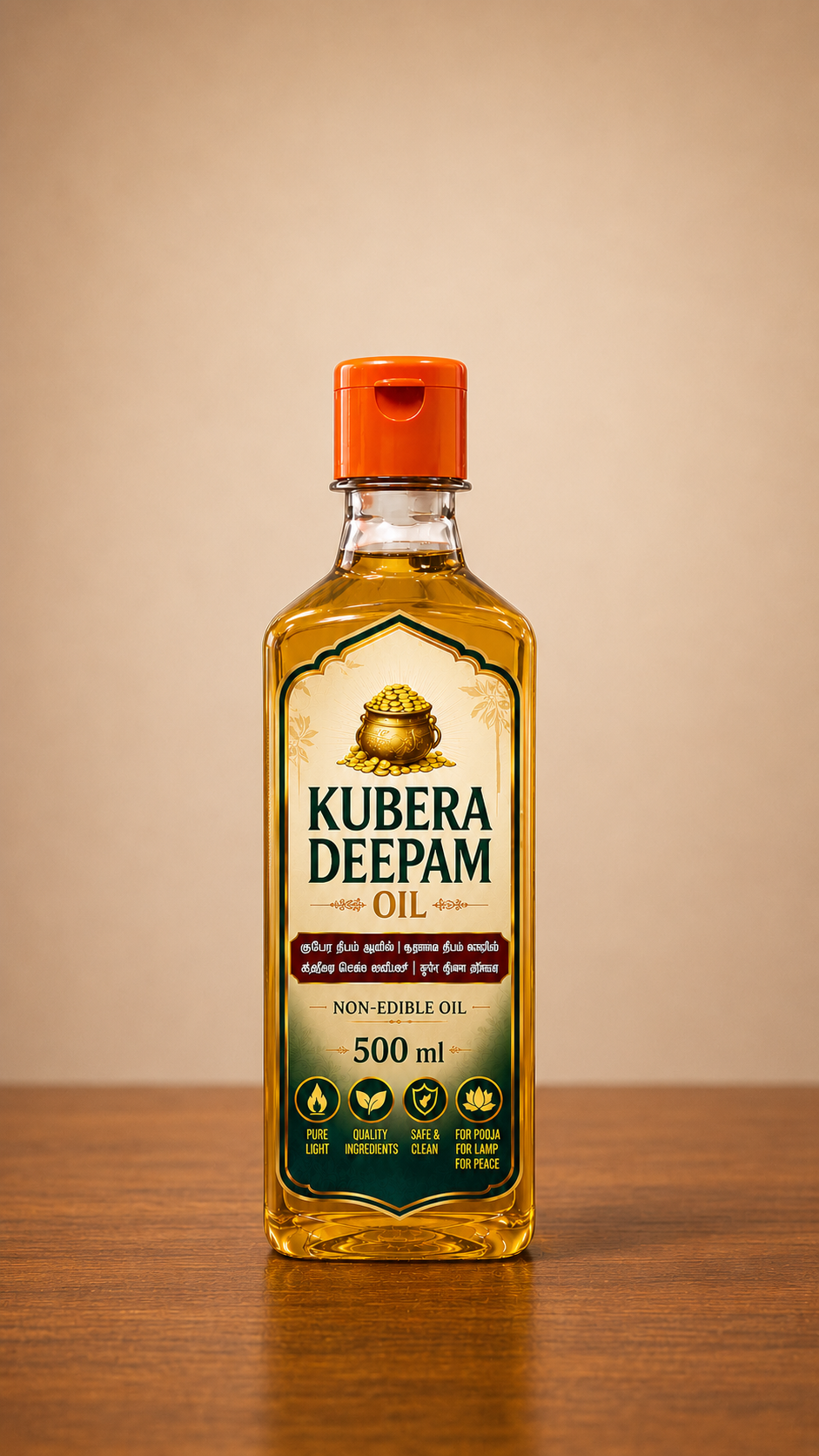 Kubera Deepam Oil 500ml front view premium lamp oil bottle for pooja temple and spiritual use