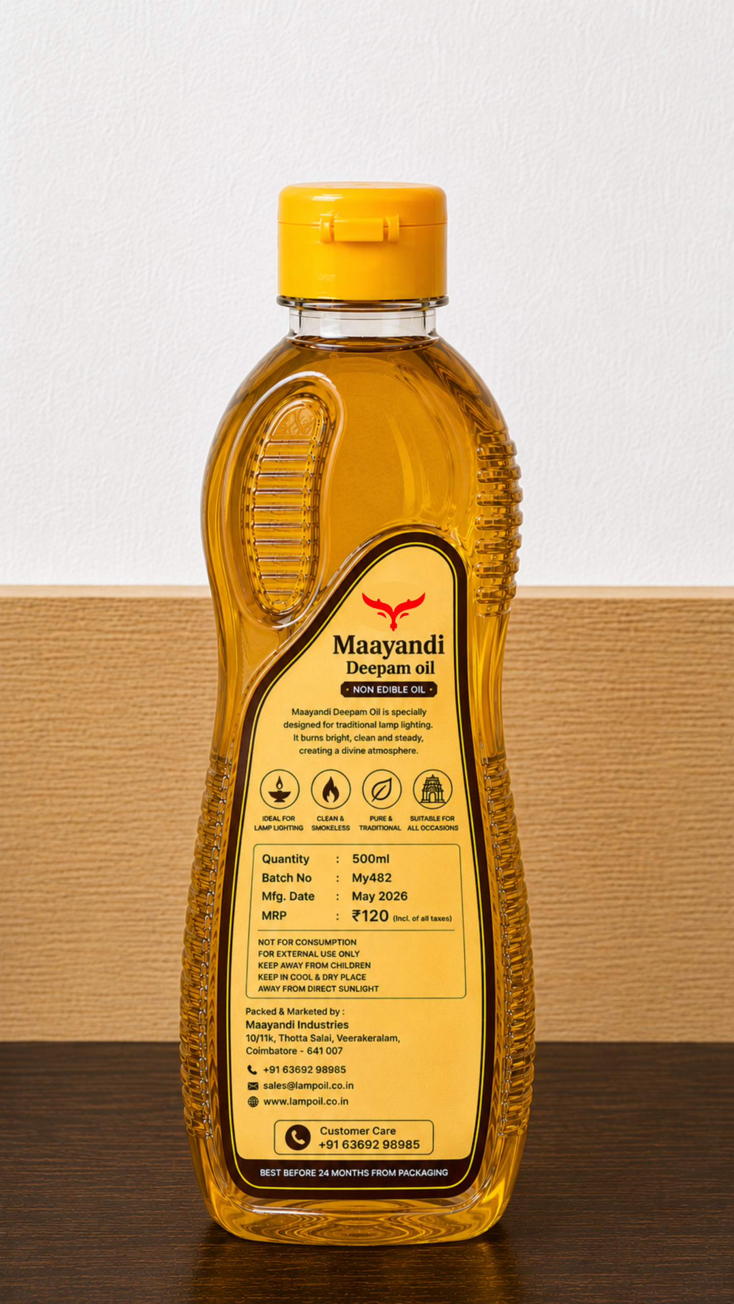 Maayandi Deepam Oil 500ml back view showing product information usage instructions and safety details