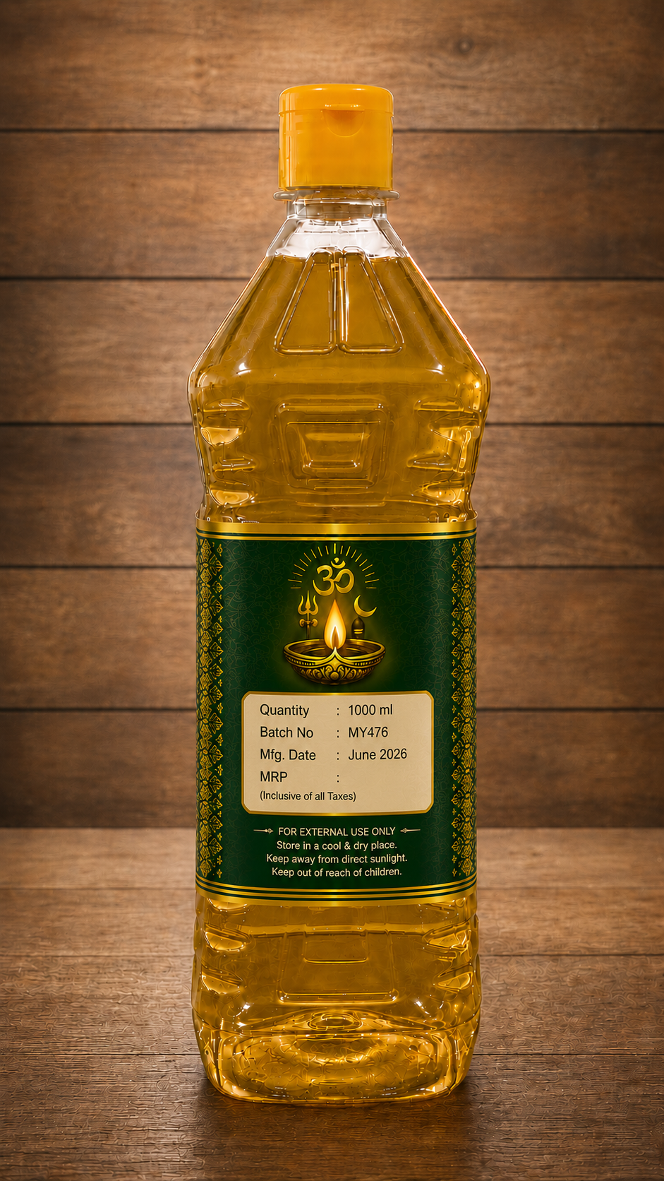 Omkara Deepam Oil 1 Litre back view showing product information usage instructions and safety details
