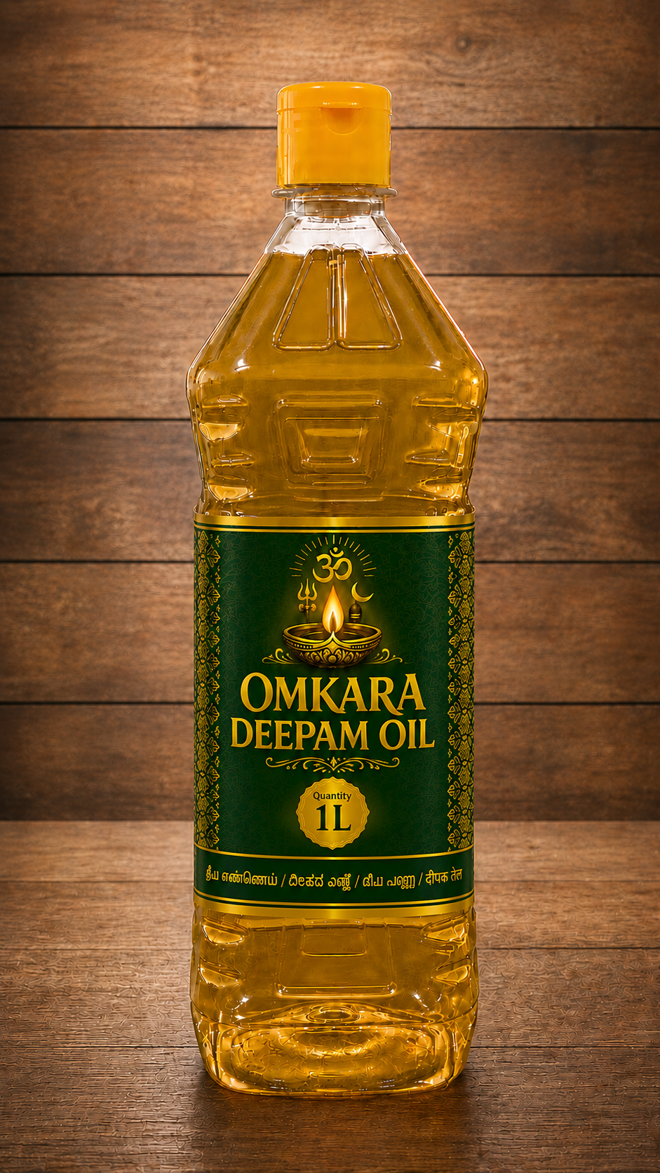 Omkara Deepam Oil 1 Litre front view premium lamp oil bottle for pooja temple and spiritual use