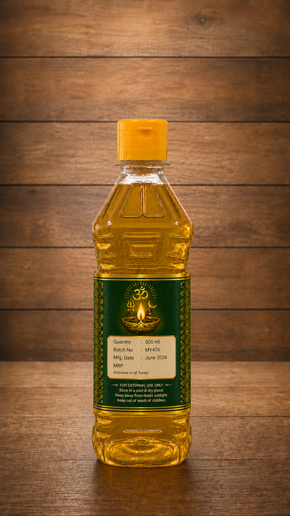 Omkara Deepam Oil 500ml back view showing product information usage instructions and safety details