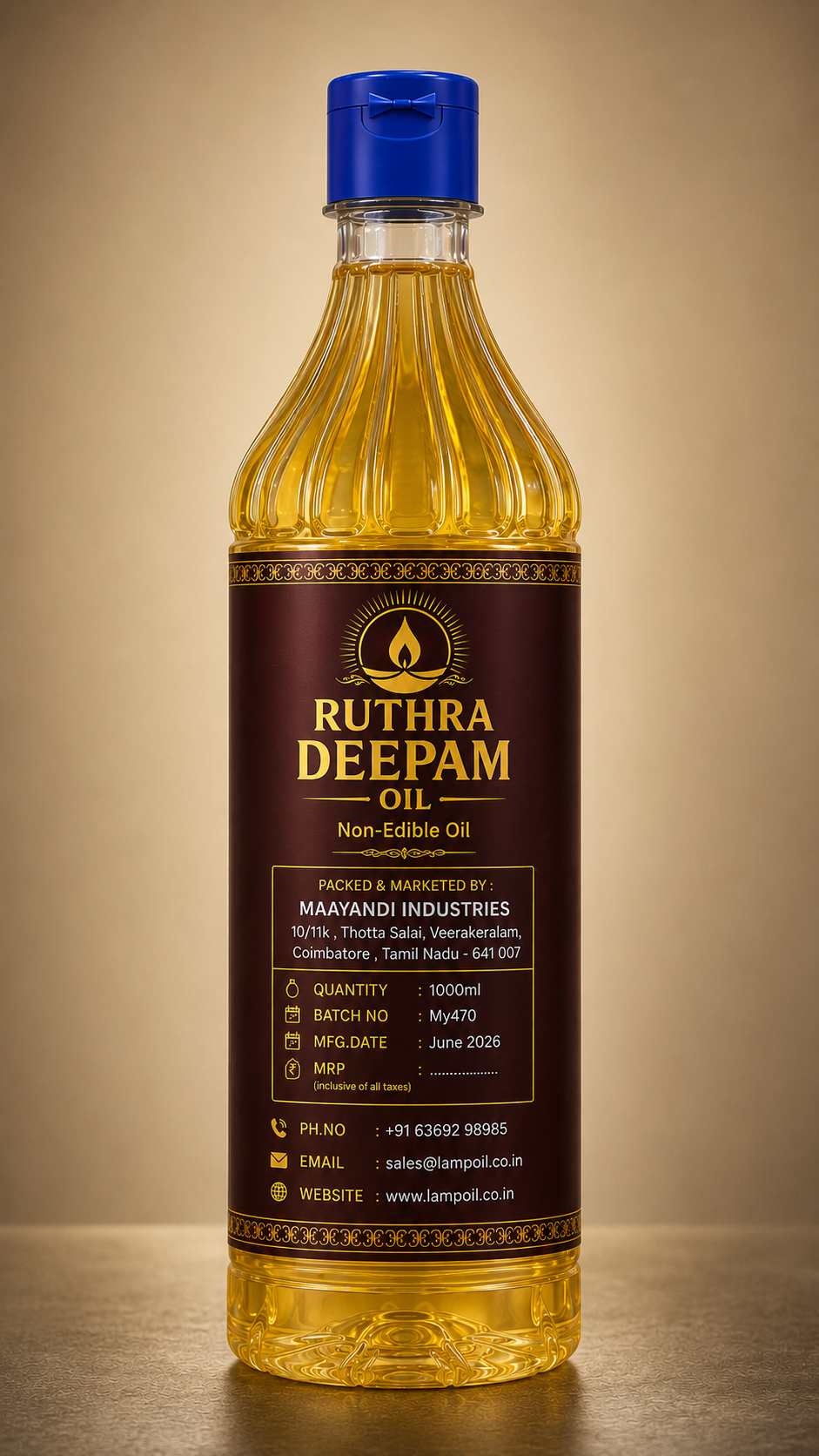 Ruthra Deepam Oil 1 Litre back view showing product information safety instructions and manufacturer details