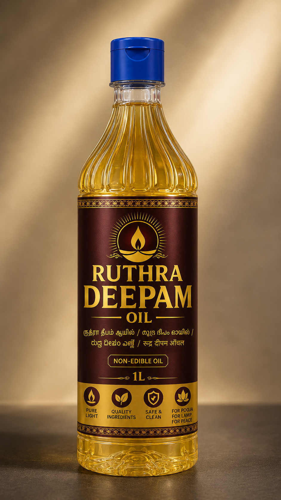 Ruthra Deepam Oil 1 Litre front view premium lamp oil bottle for pooja temple and spiritual use