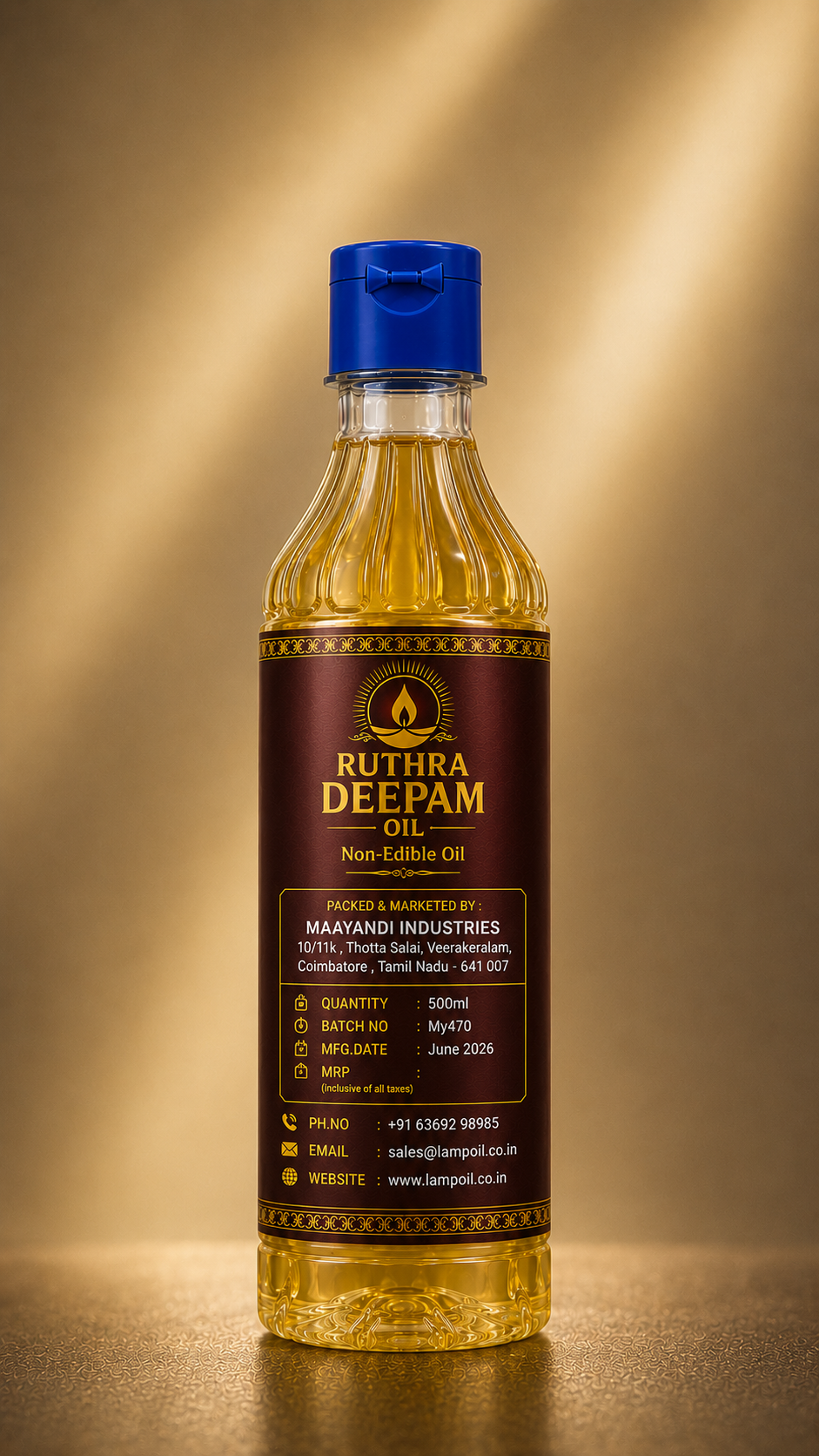 Ruthra Deepam Oil 500ml back view showing product information usage instructions and safety details