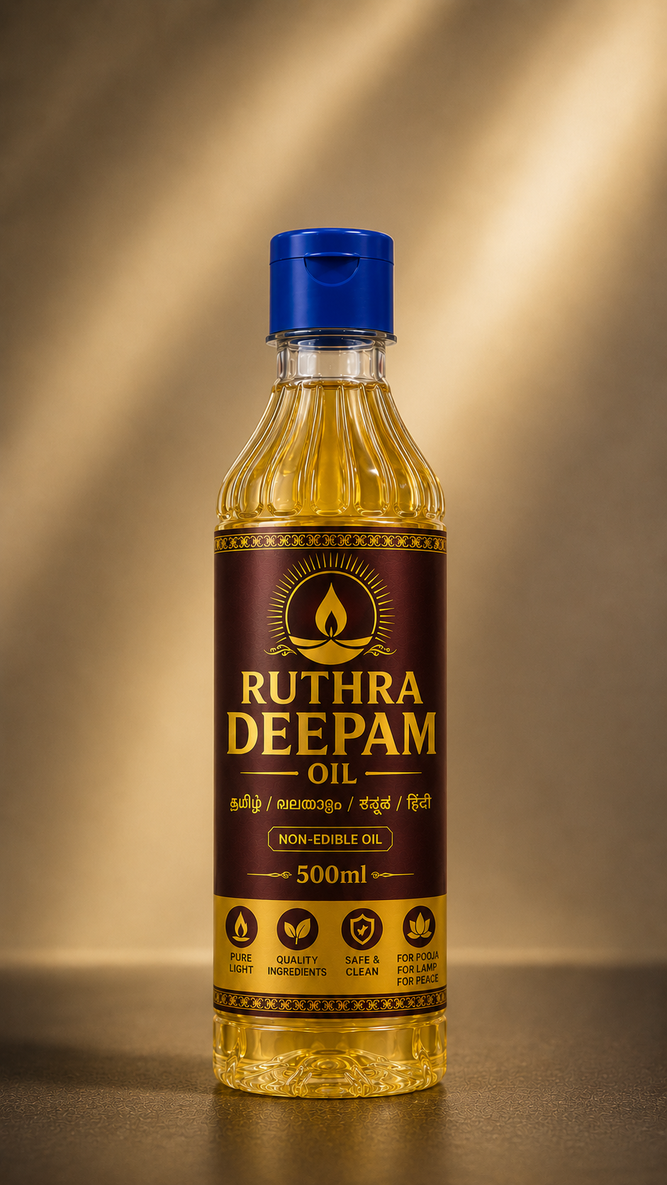 Ruthra Deepam Oil 500ml front view premium lamp oil bottle for pooja temple and spiritual use